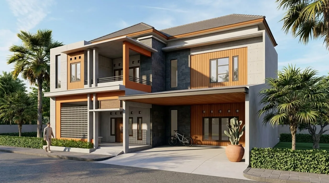 Contoh desain 3D rumah dua lantai, nomor 1